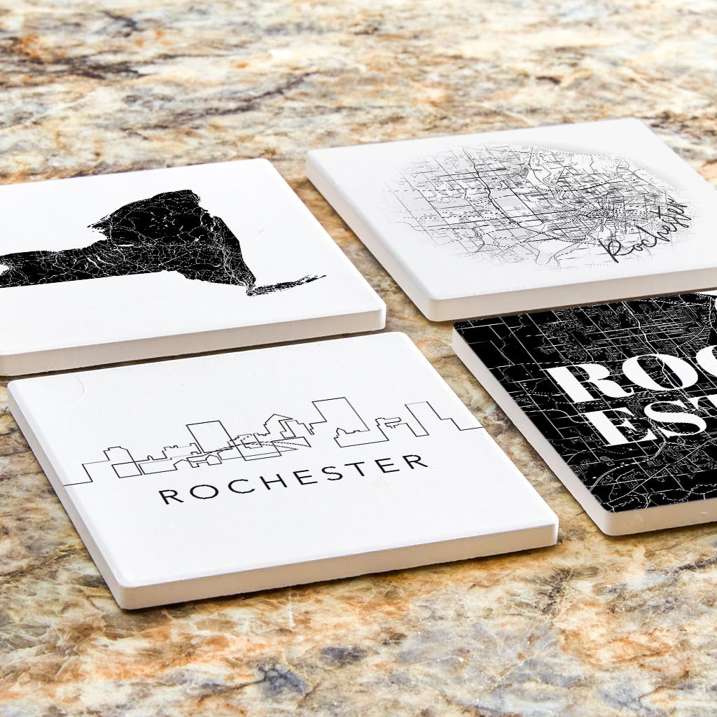 Minimalistic B&W New York Rochester State | Absorbent Coasters | Set of 4 | Min 2