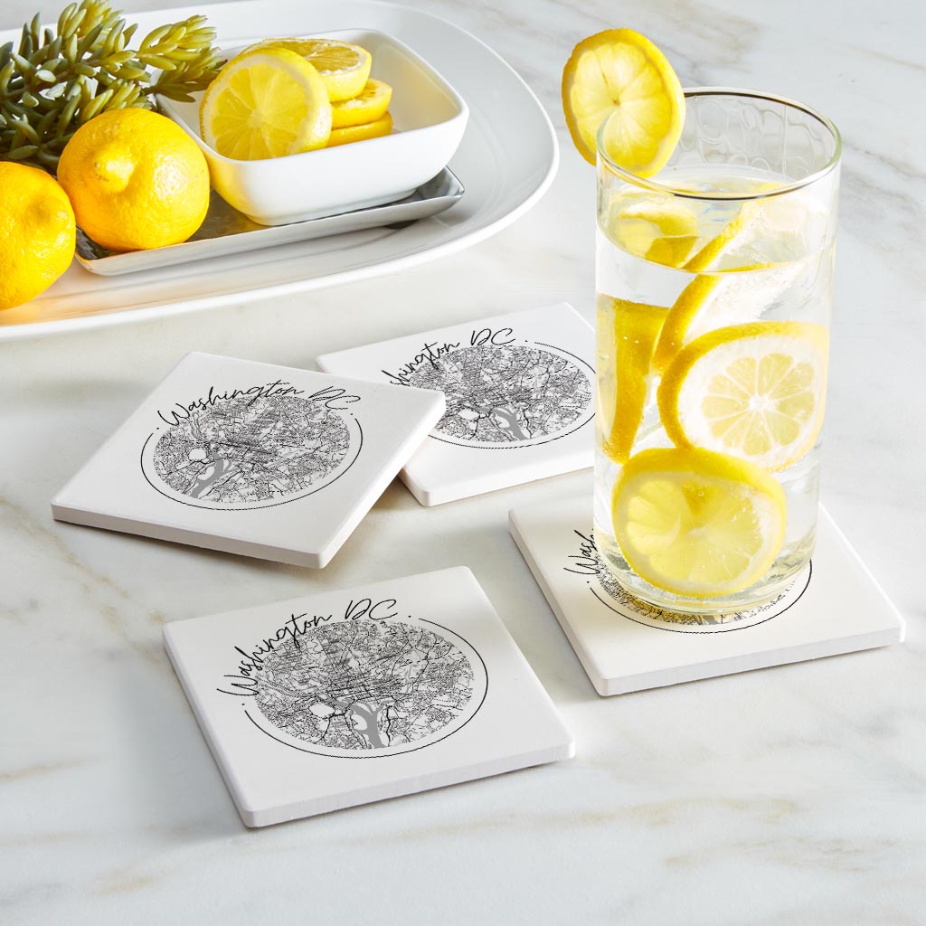 Minimalistic B&W Washington Dc Circle Map | Absorbent Coasters | Set of 4 | Min 2