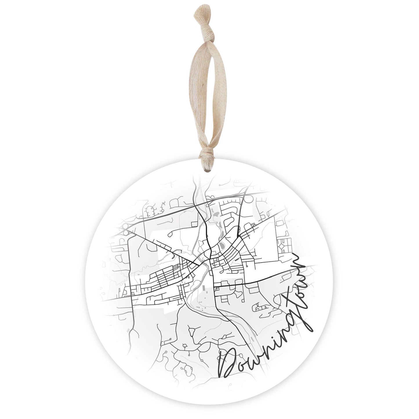 Minimalistic B&W Pennsylvania Downingtown Circle Map | Wood Ornament | Eaches | Min 1