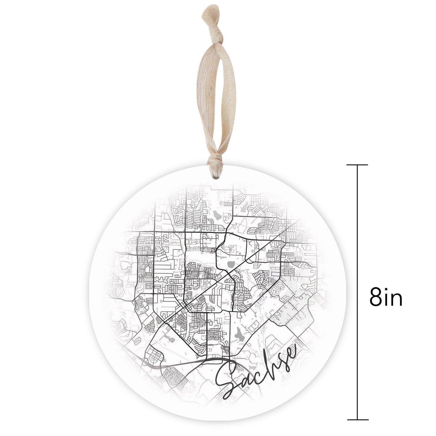 Minimalistic B&W Texas Sachse Circle Map | Wood Ornament | Eaches | Min 1