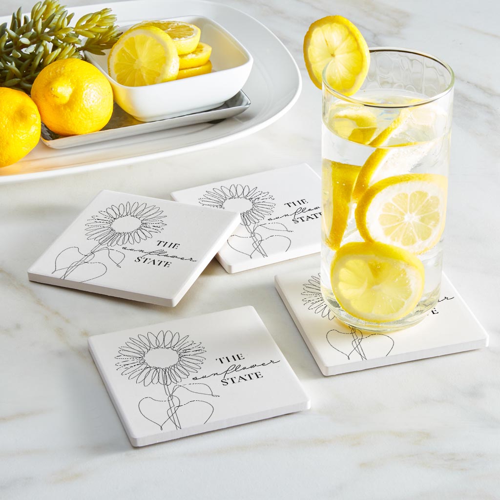 Minimalist B&W Kansas Sunflower Line Drawing | Absorbent Coasters | Set of 4 | Min 2