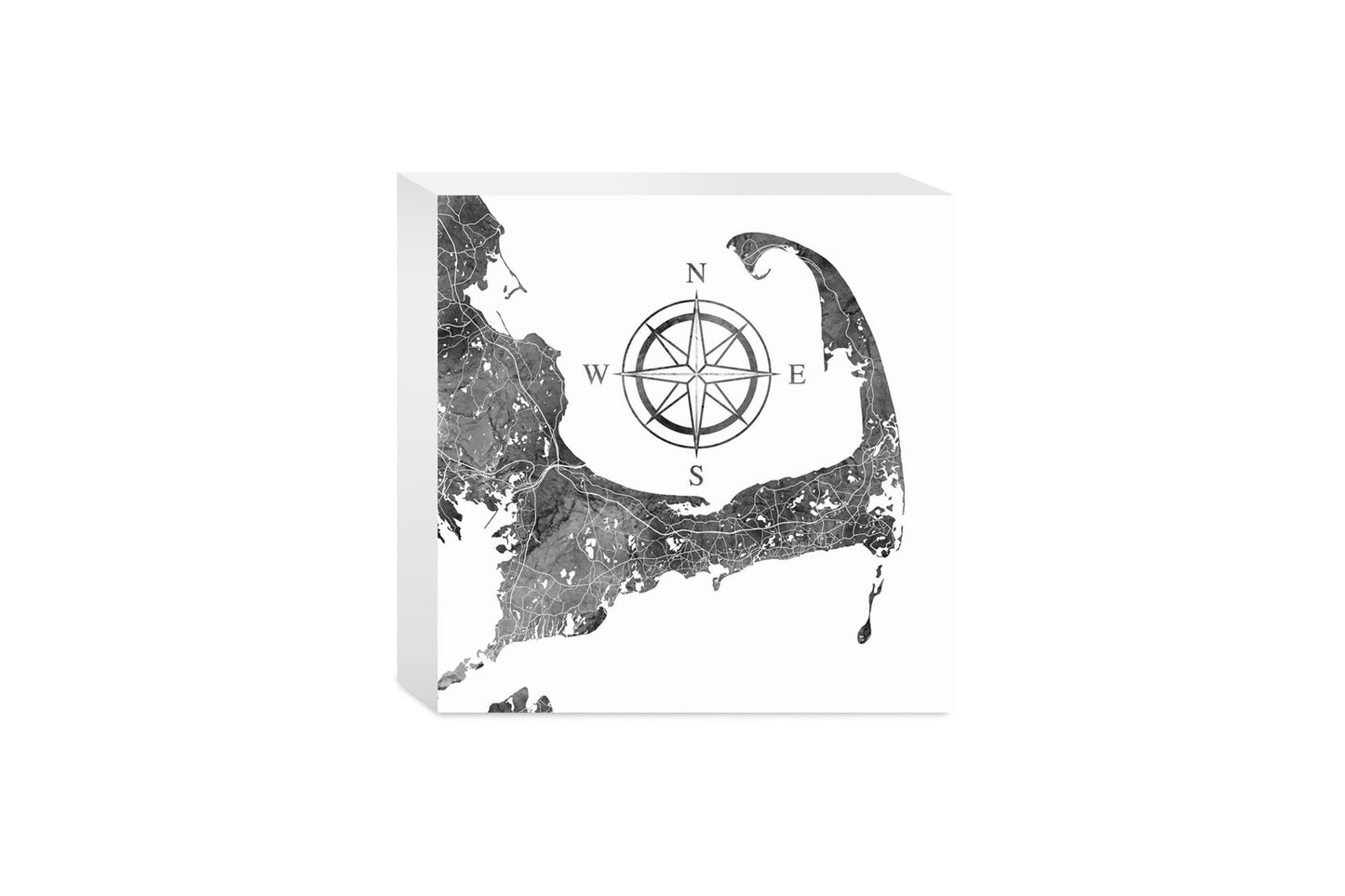 Minimalistic B&W Cape Cod Map With Compass | Wood Block | Eaches | Min 4