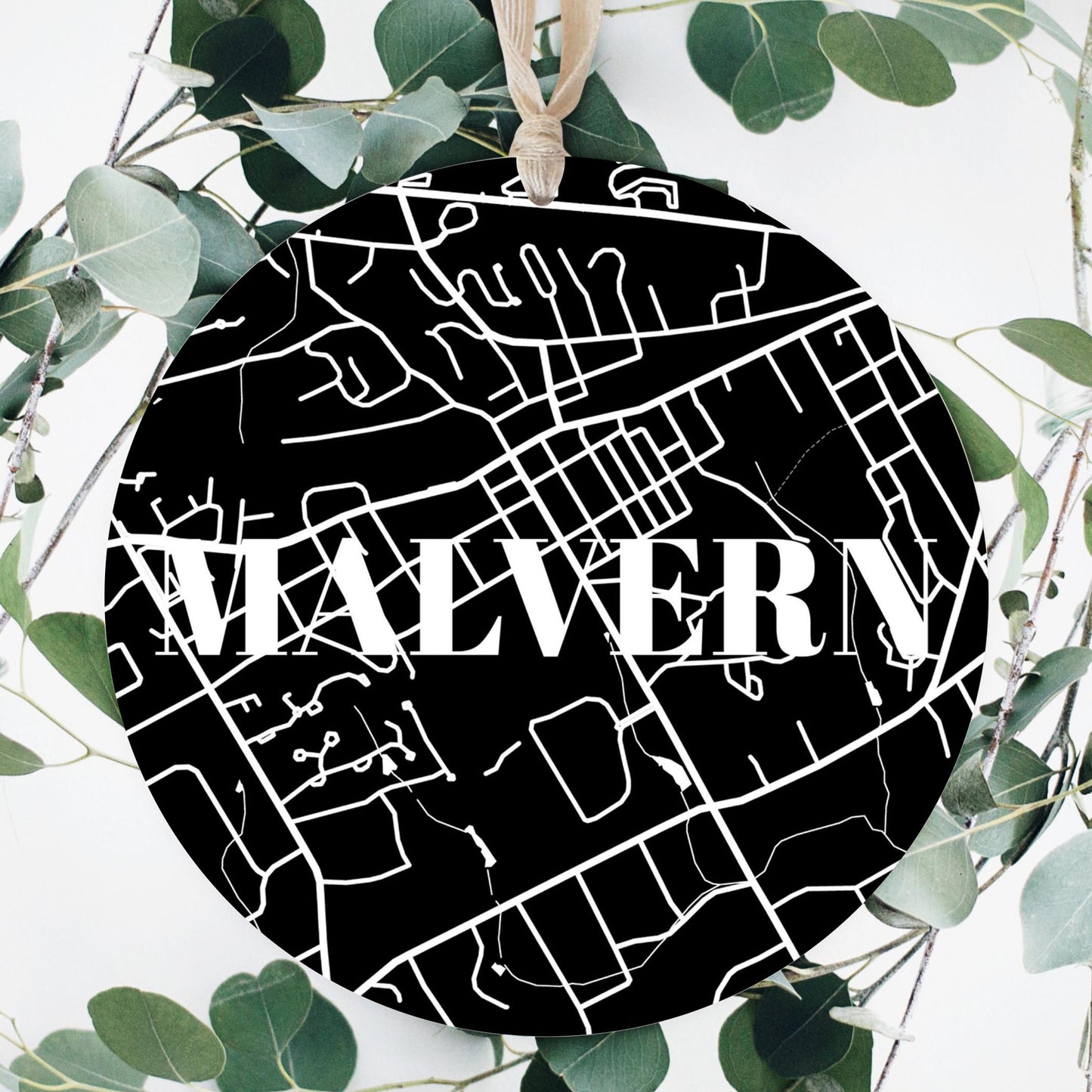 Minimalistic B&W Pennsylvania Malvern Map | Wood Ornament | Eaches | Min 1