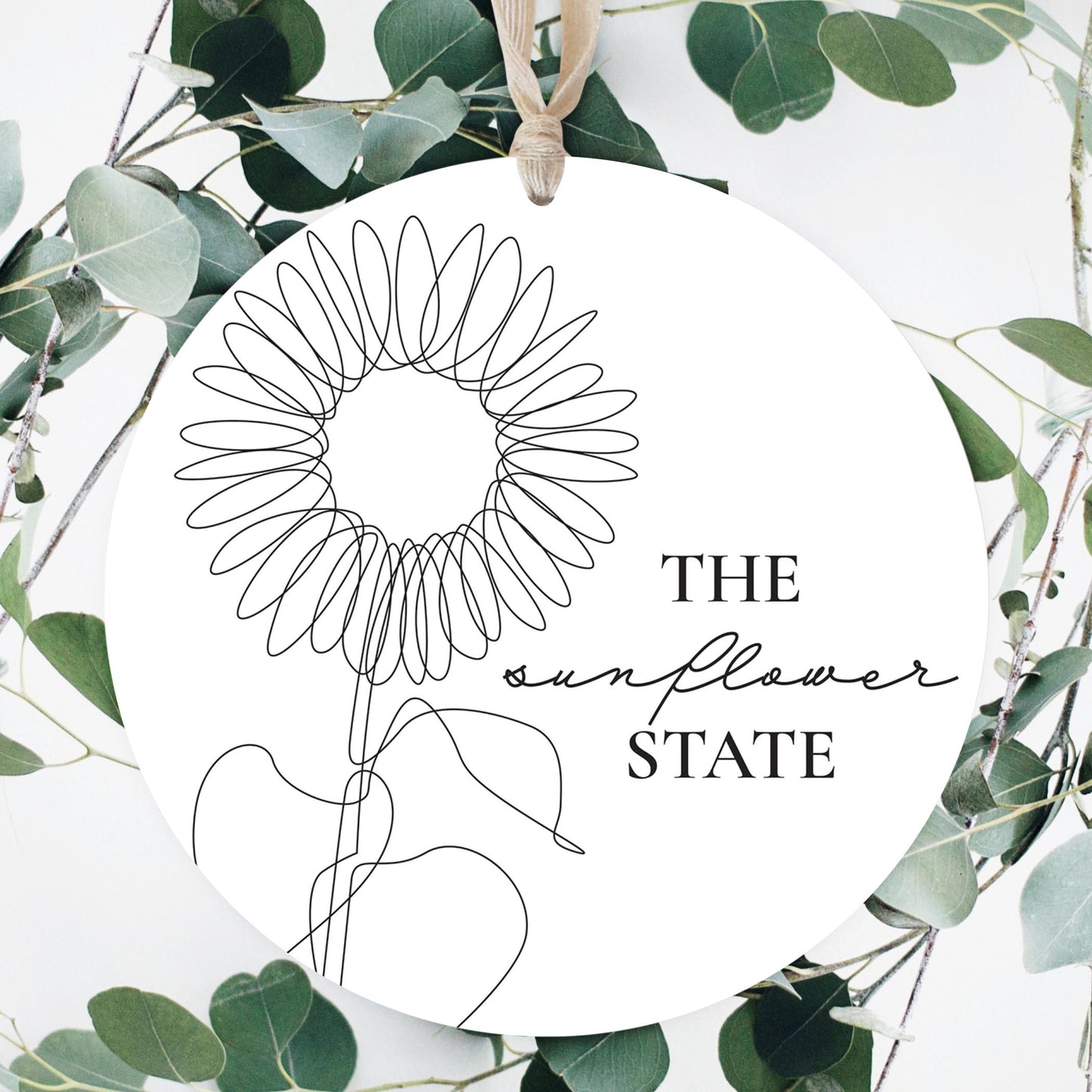 Minimalist B&W Kansas Sunflower Line Drawing | Wood Ornament | Eaches | Min 1