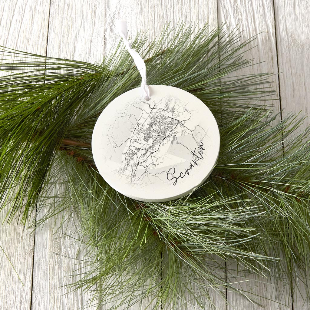 Minimalistic B&W Pennsylvania Scranton Circle Map| Wood Ornament | Eaches | Min 6