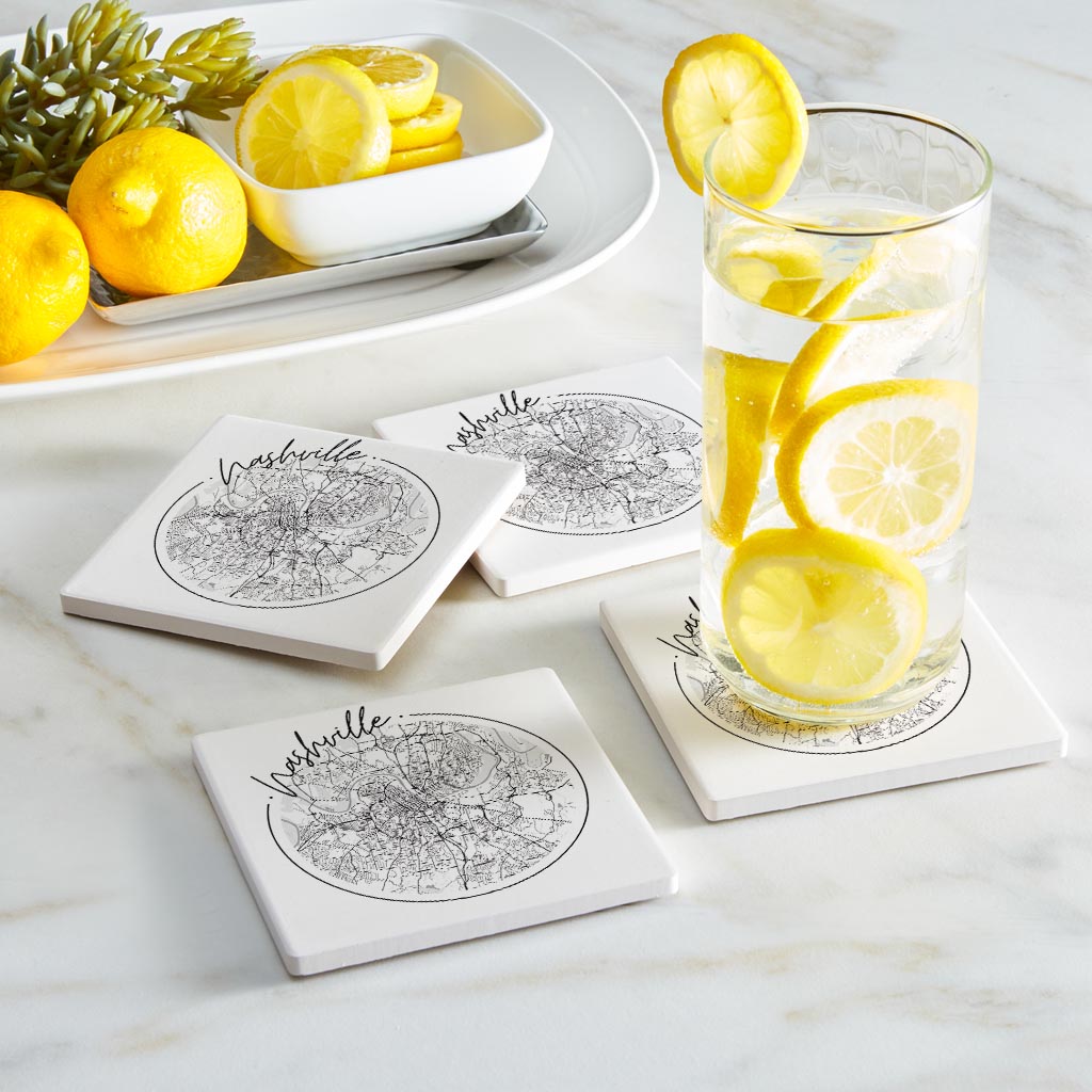 Minimalist B&W Tennessee Nashville Circle Map | Absorbent Coasters | Set of 4 | Min 2