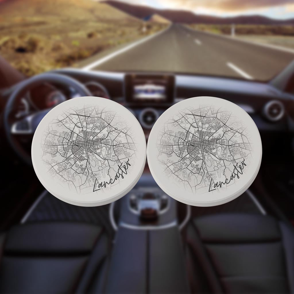 Minimalistic B&W Pennsylvania Lancaster Circle Map | Absorbent Car Coasters | Set of 2 | Min 4