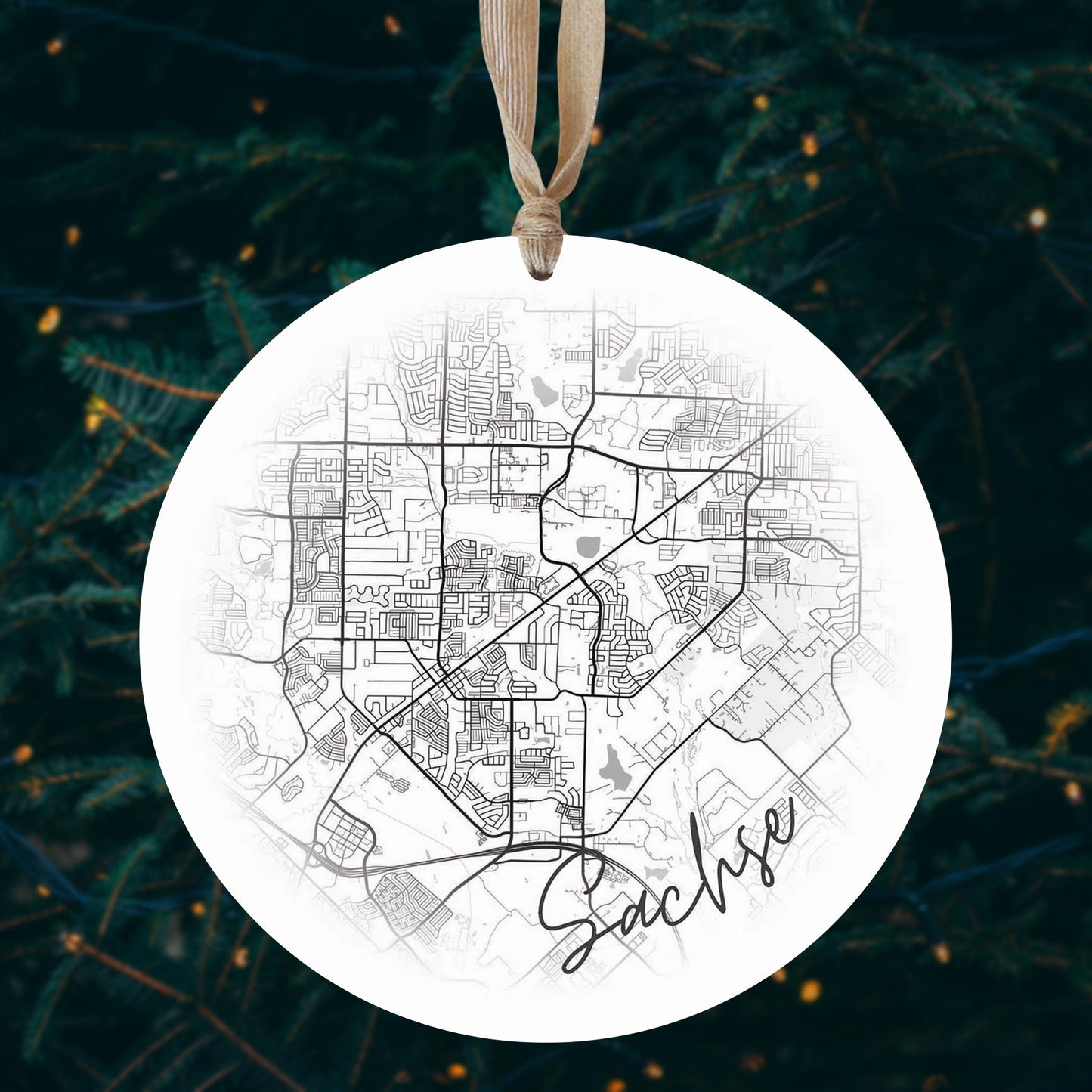 Minimalistic B&W Texas Sachse Circle Map | Wood Ornament | Eaches | Min 1