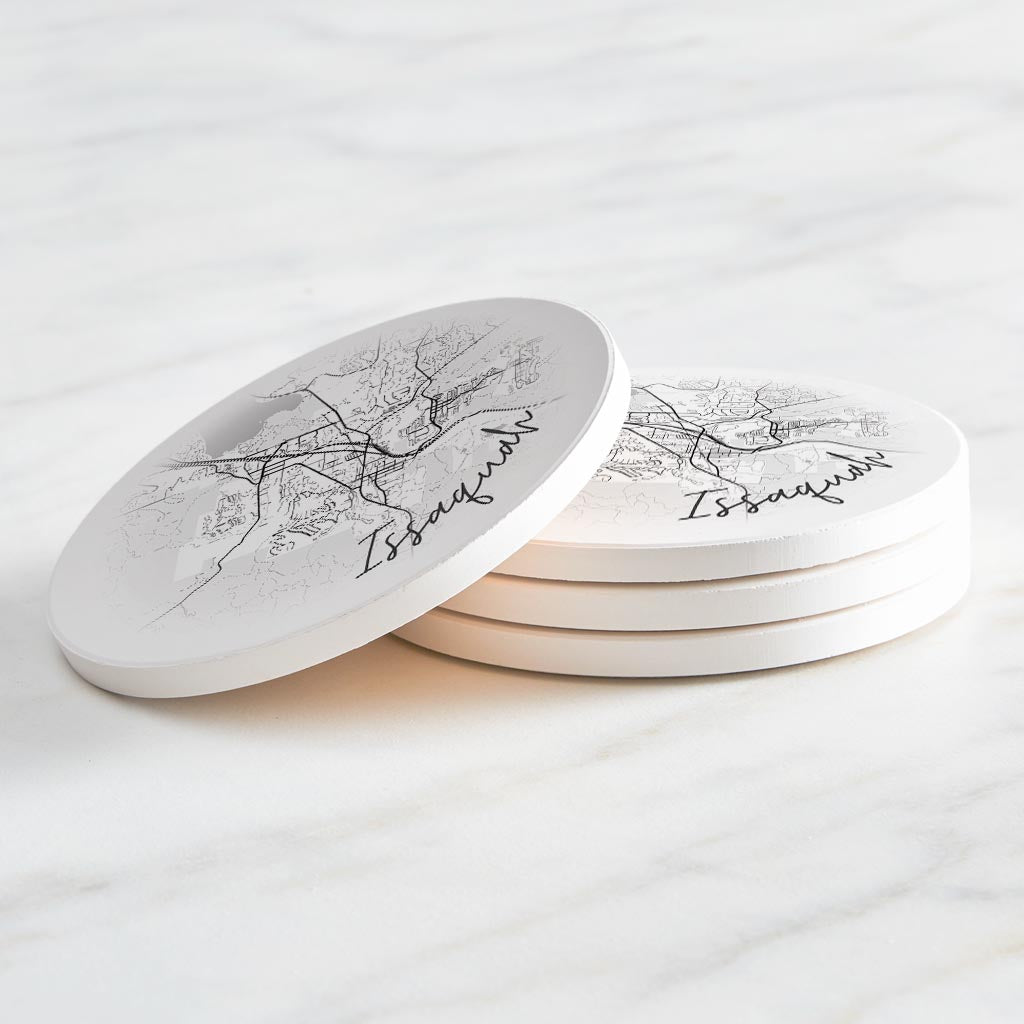 Minimalistic B&W Washington Issaquah Circle Map | Absorbent Coasters | Set of 4 | Min 2