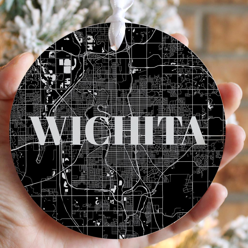 Minimalist B&W Kansas Wichita Map | Wood Ornament | Eaches | Min 6