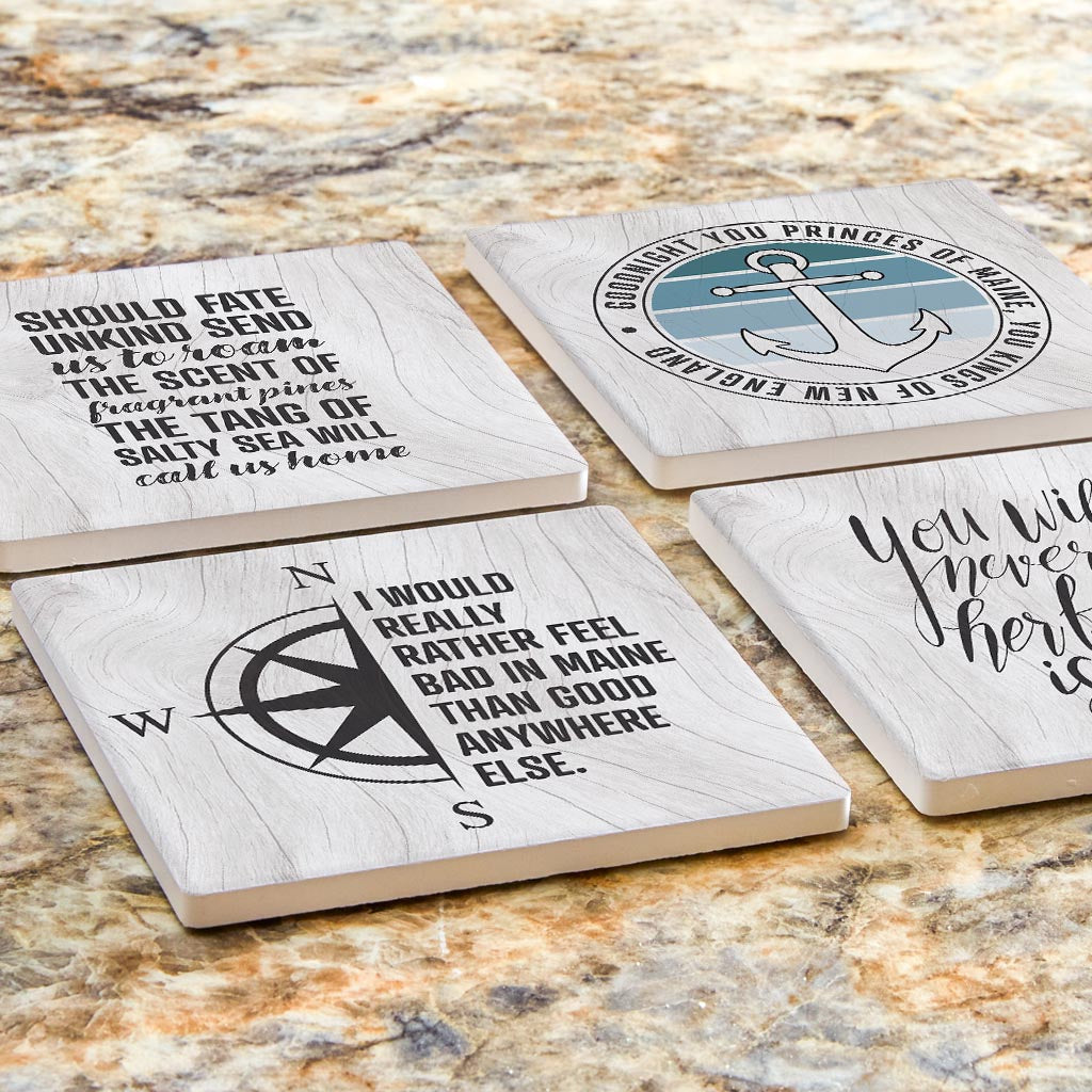 New England Sayings With Wood Grain | Absorbent Coasters | Set of 4 | Min 2