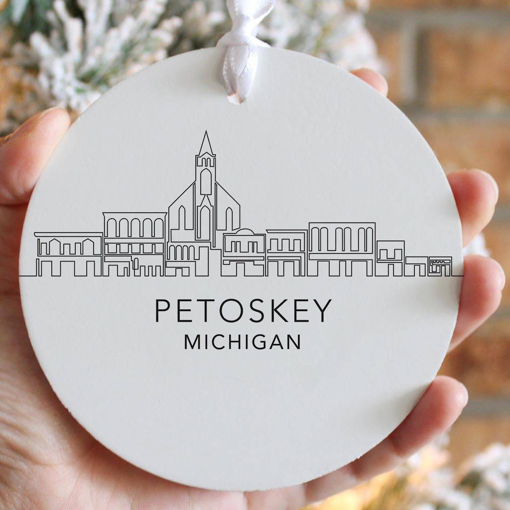 Minimalistic B&W Michigan Petoskey Skyline | Wood Ornament | Eaches | Min 6