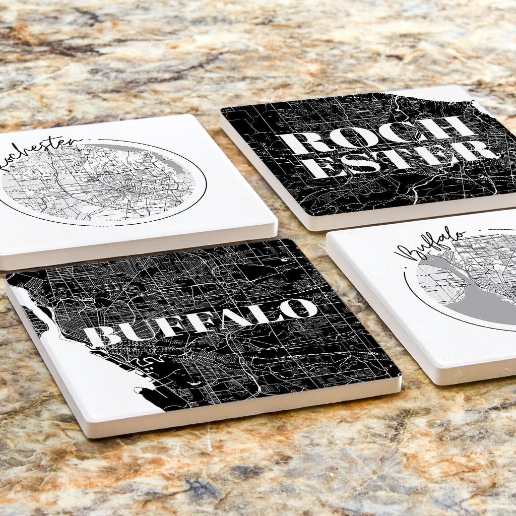 Minimalistic B&W New York Rochester Buffalo Maps | Absorbent Coasters | Set of 4 | Min 2