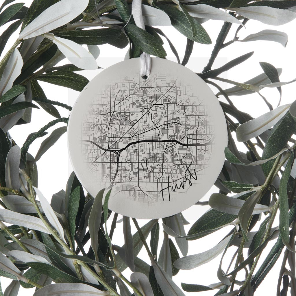 Minimalistic B&W Texas Hurst Circle Map | Wood Ornament | Eaches | Min 6