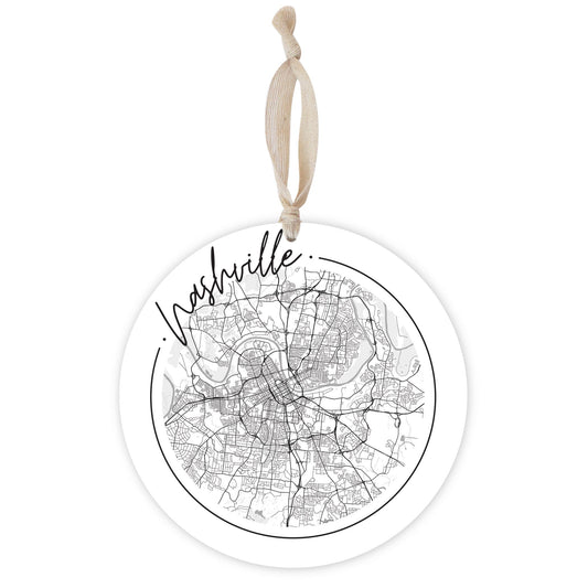 Minimalist B&W Tennessee Nashville Circle Map | Wood Ornament | Eaches | Min 1