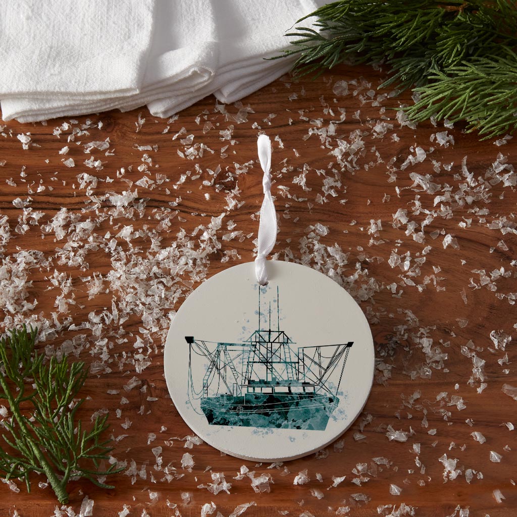 Blue White Water Color Shrimp Boat | Wood Ornament | Eaches | Min 6