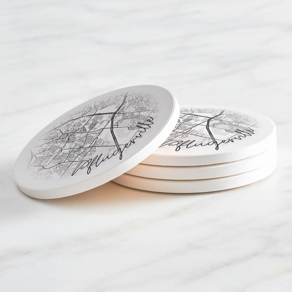 Minimalistic B&W Texas Pflugerville Circle Map | Absorbent Coasters | Set of 4 | Min 2