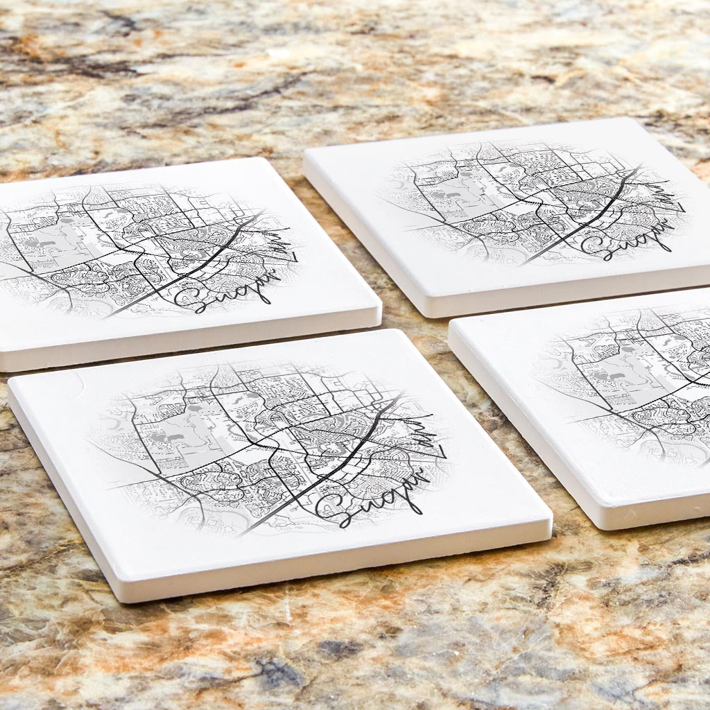 Minimalistic B&W Texas Sugarland Circle Map | Absorbent Coasters | Set of 4 | Min 2