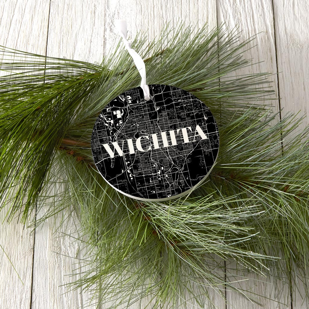 Minimalist B&W Kansas Wichita Map | Wood Ornament | Eaches | Min 6