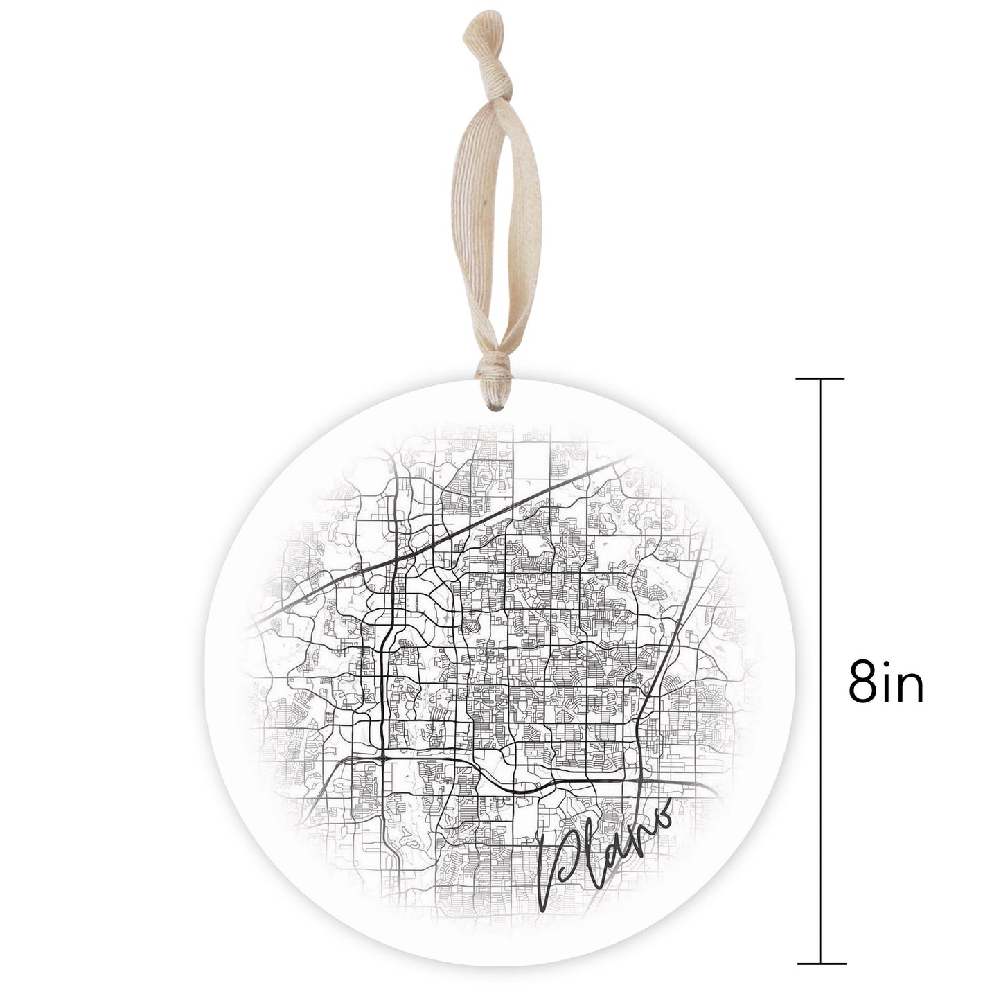 Minimalistic B&W Texas Plano Circle Map | Wood Ornament | Eaches | Min 1