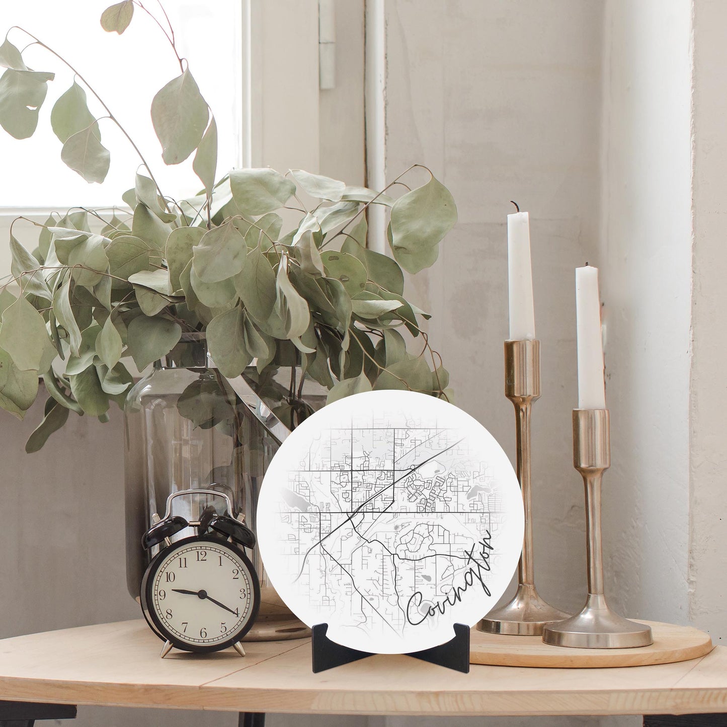 Minimalistic B&W Washington Covington Circle Map | Wood Sign | Eaches | Min 1