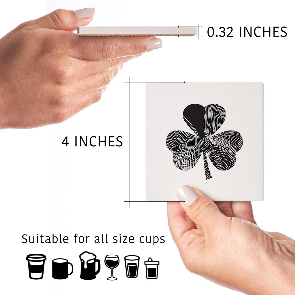 Minimalistic B&W Shamrock Shape Fluid Lines | Absorbent Coasters | Set of 4 | Min 2