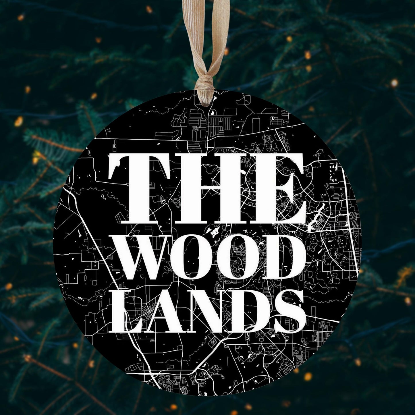 Minimalistic B&W Texas The Woodlands Map | Wood Ornament | Eaches | Min 1