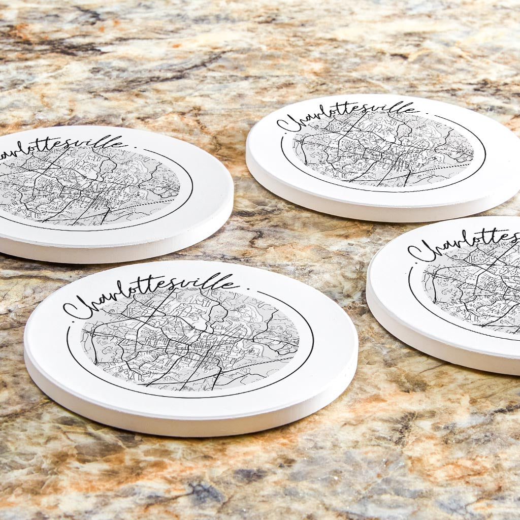 Minimalistic B&W Virginia Charlottesville Circle Map| Absorbent Coasters | Set of 4 | Min 2