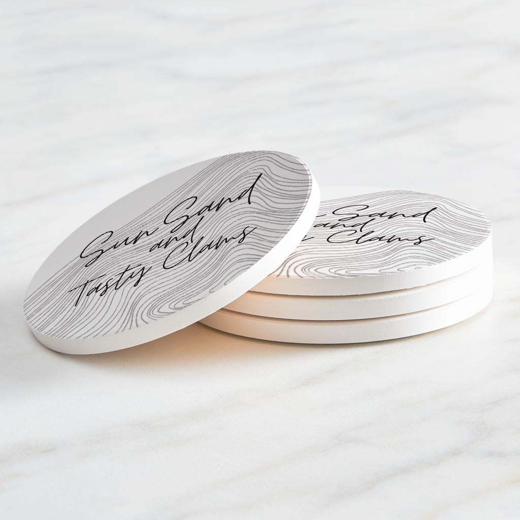 Minimalistic B&W Cape Cod Sun Sand Tasty Clams| Absorbent Coasters | Set of 4 | Min 2