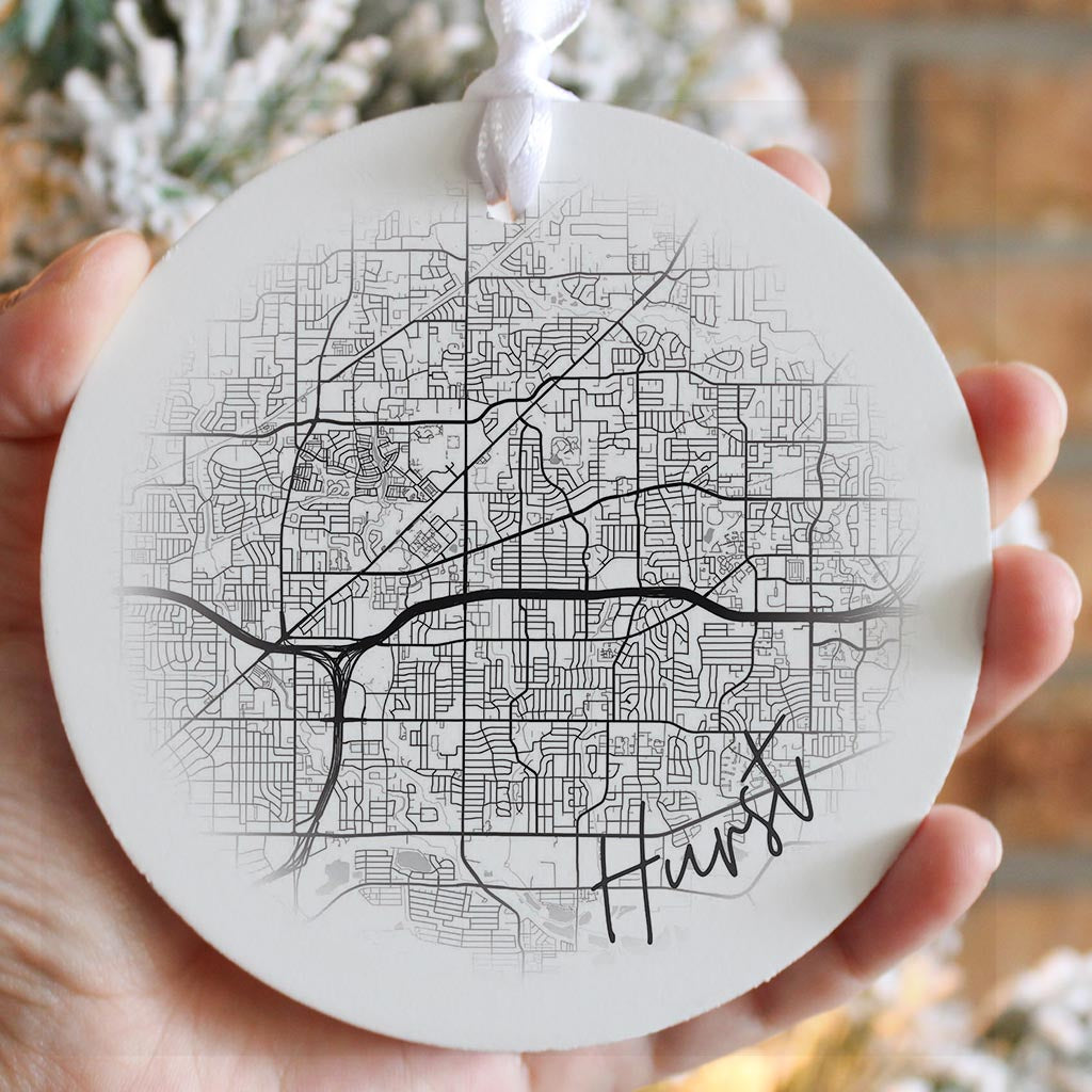 Minimalistic B&W Texas Hurst Circle Map | Wood Ornament | Eaches | Min 6