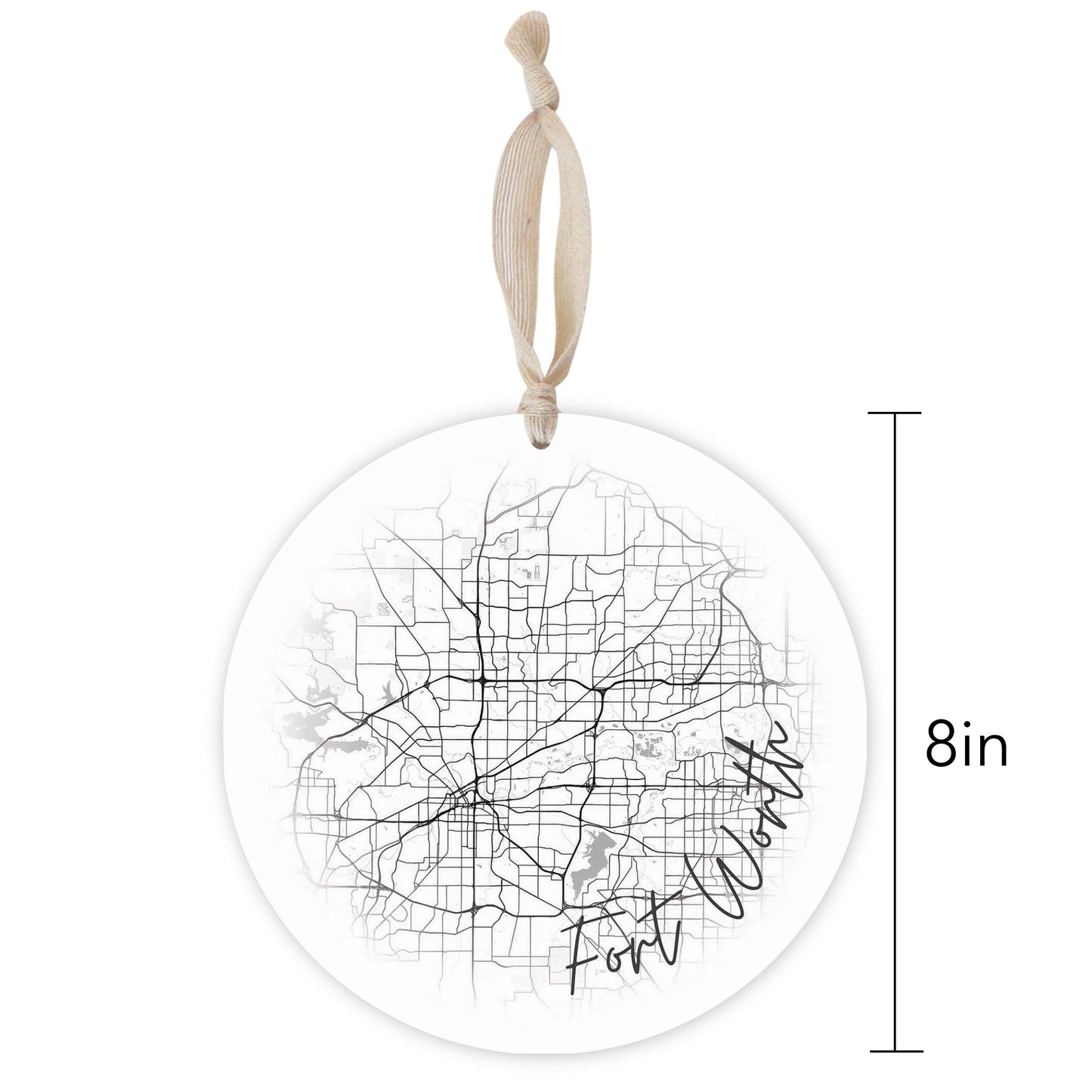 Minimalistic B&W Texas Fort Worth Circle Map | Wood Ornament | Eaches | Min 1