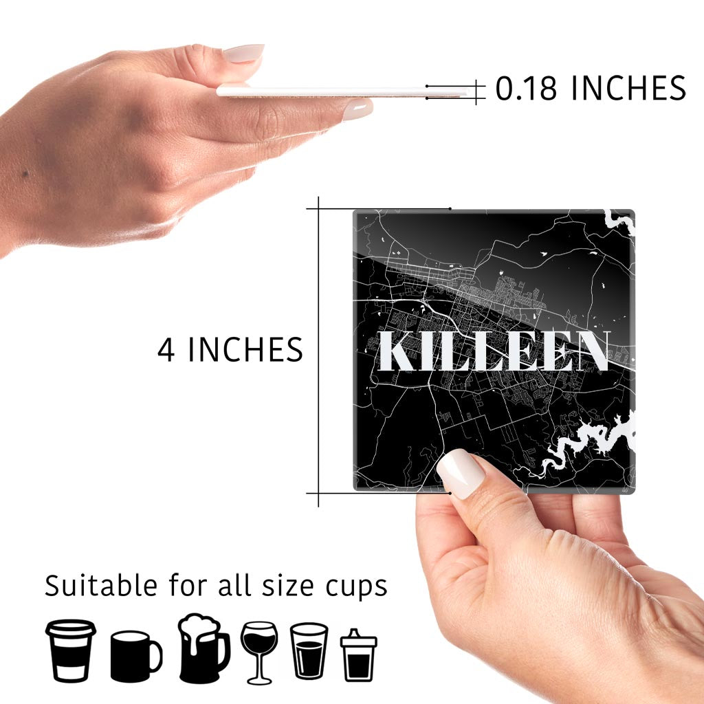Minimalistic B&W Texas Killeen Map | Hi-Def Glass Coasters | Set of 4 | Min 2