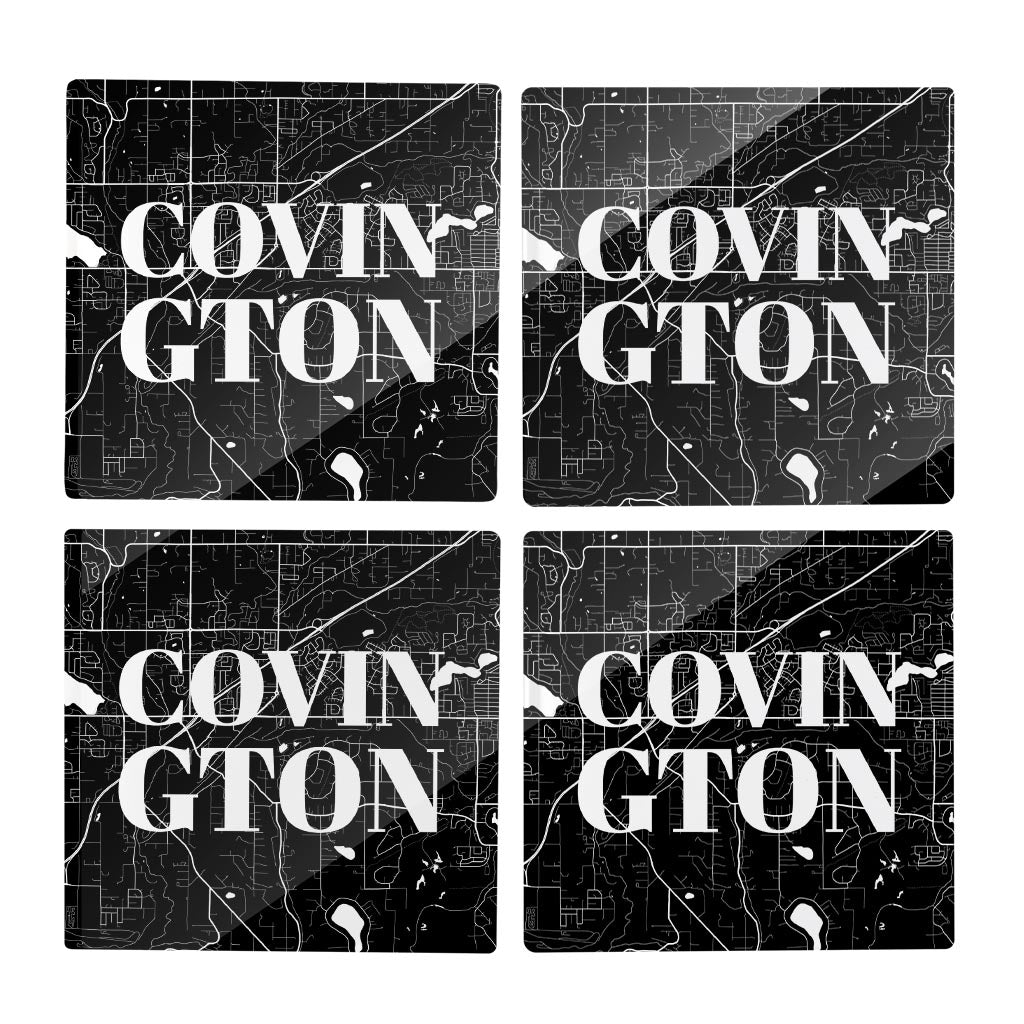 Minimalistic B&W Washington Covington Map | Hi-Def Glass Coasters | Set of 4 | Min 2