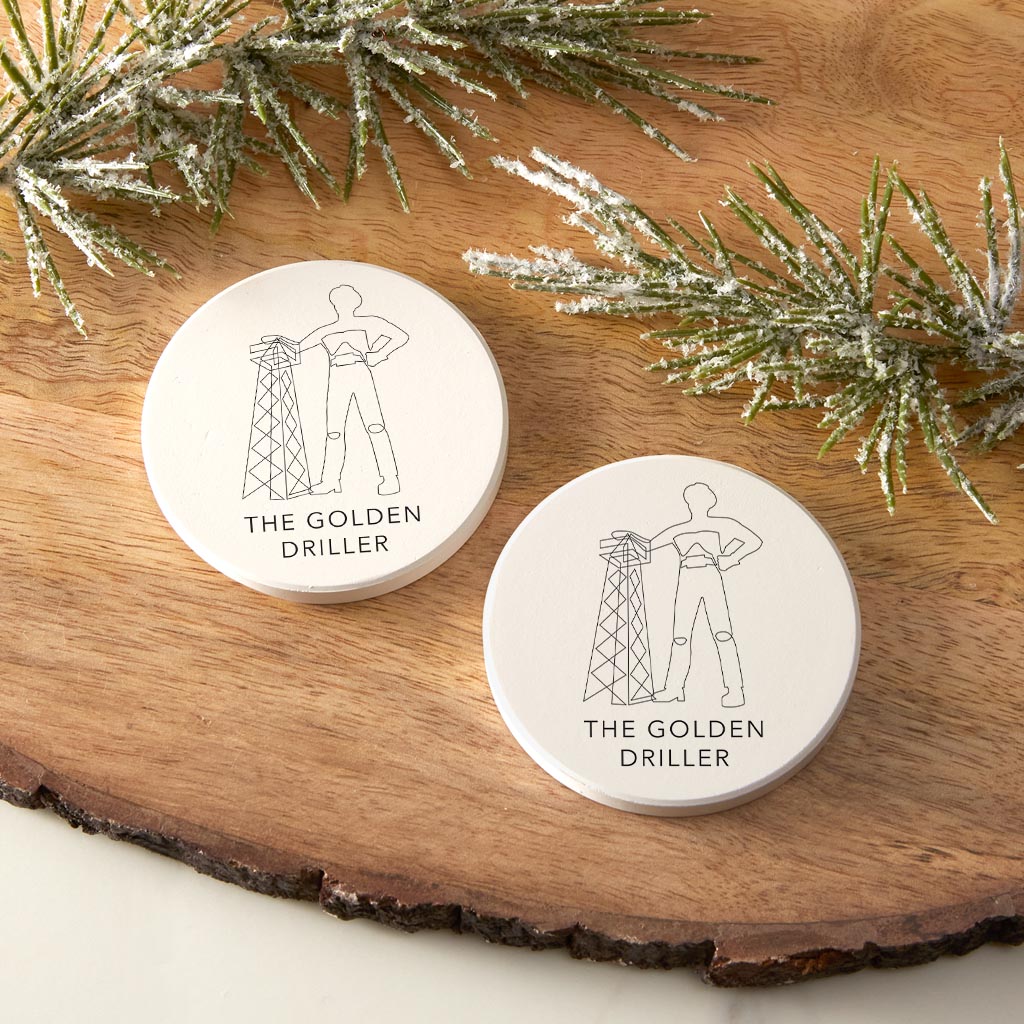 Modern Oklahoma Line Drawing The Golden Driller | Absorbent Car Coasters | Set of 2 | Min 4