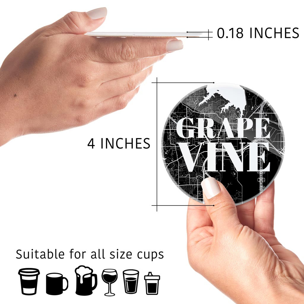 Minimalistic B&W Texas Grapevine Map | Hi-Def Glass Coasters | Set of 4 | Min 2