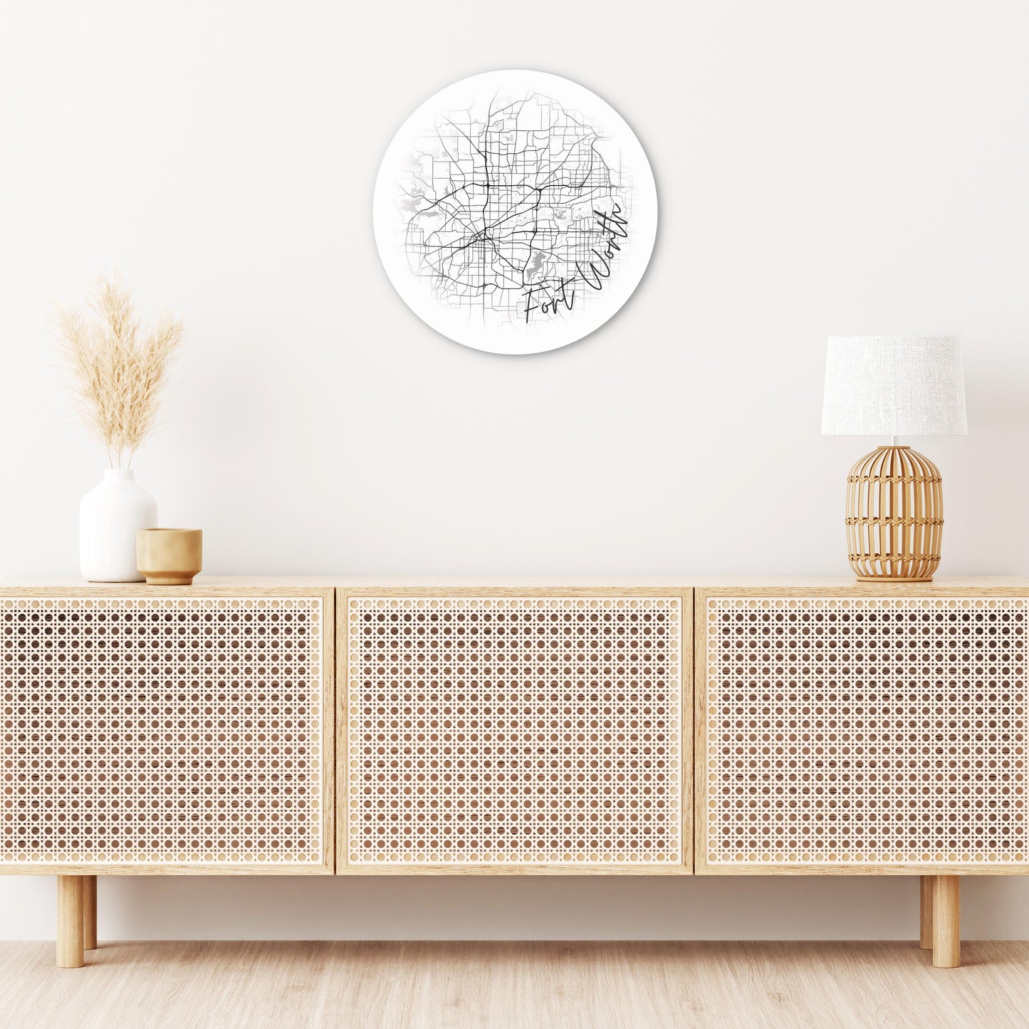 Minimalistic B&W Texas Fort Worth Circle Map | Wood Sign | Eaches | Min 1