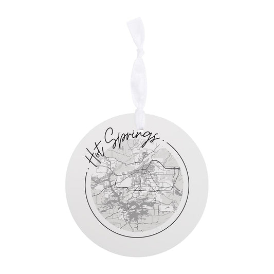 B&W Minimalist Arkansas Hot Springs Circle Map | Wood Ornament | Eaches | Min 6