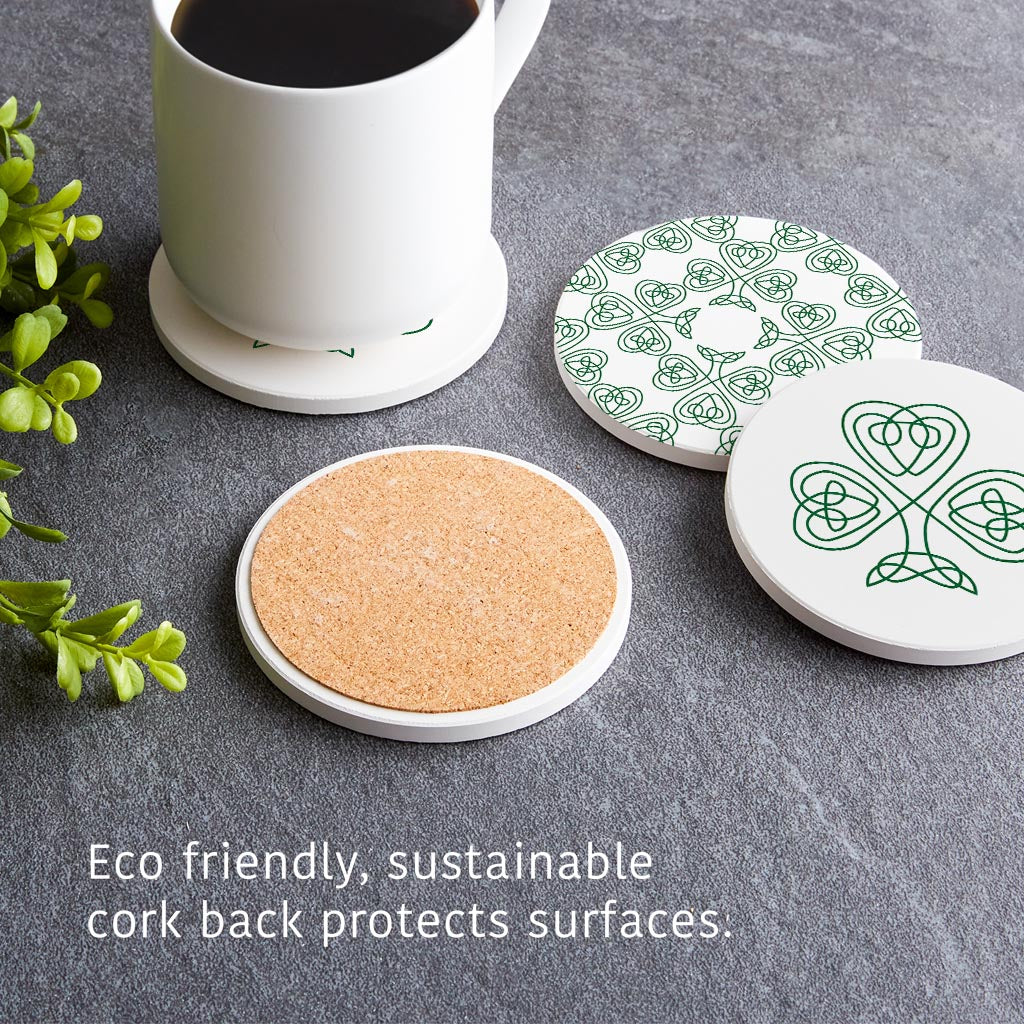 White Green Shamrock Pattern Shape | Absorbent Coasters | Set of 4 | Min 2