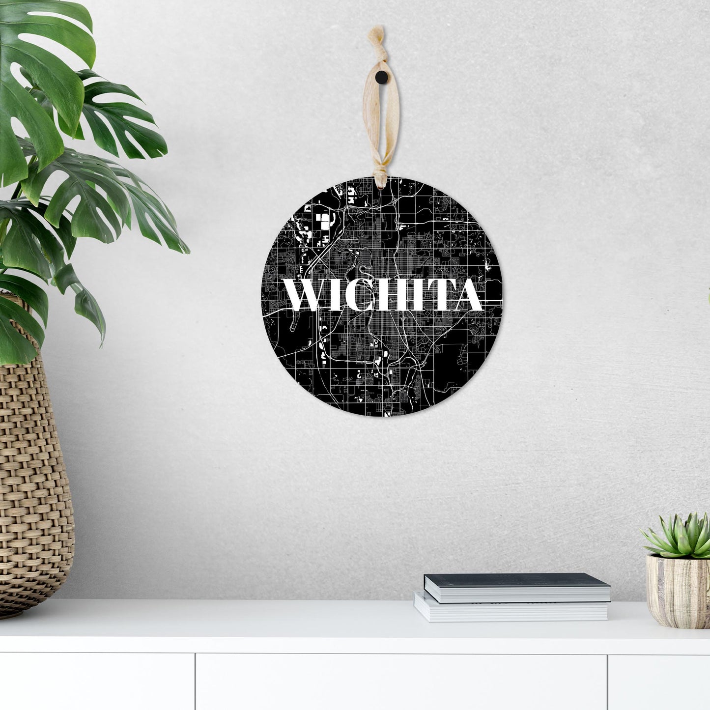 Minimalist B&W Kansas Wichita Map | Wood Ornament | Eaches | Min 1