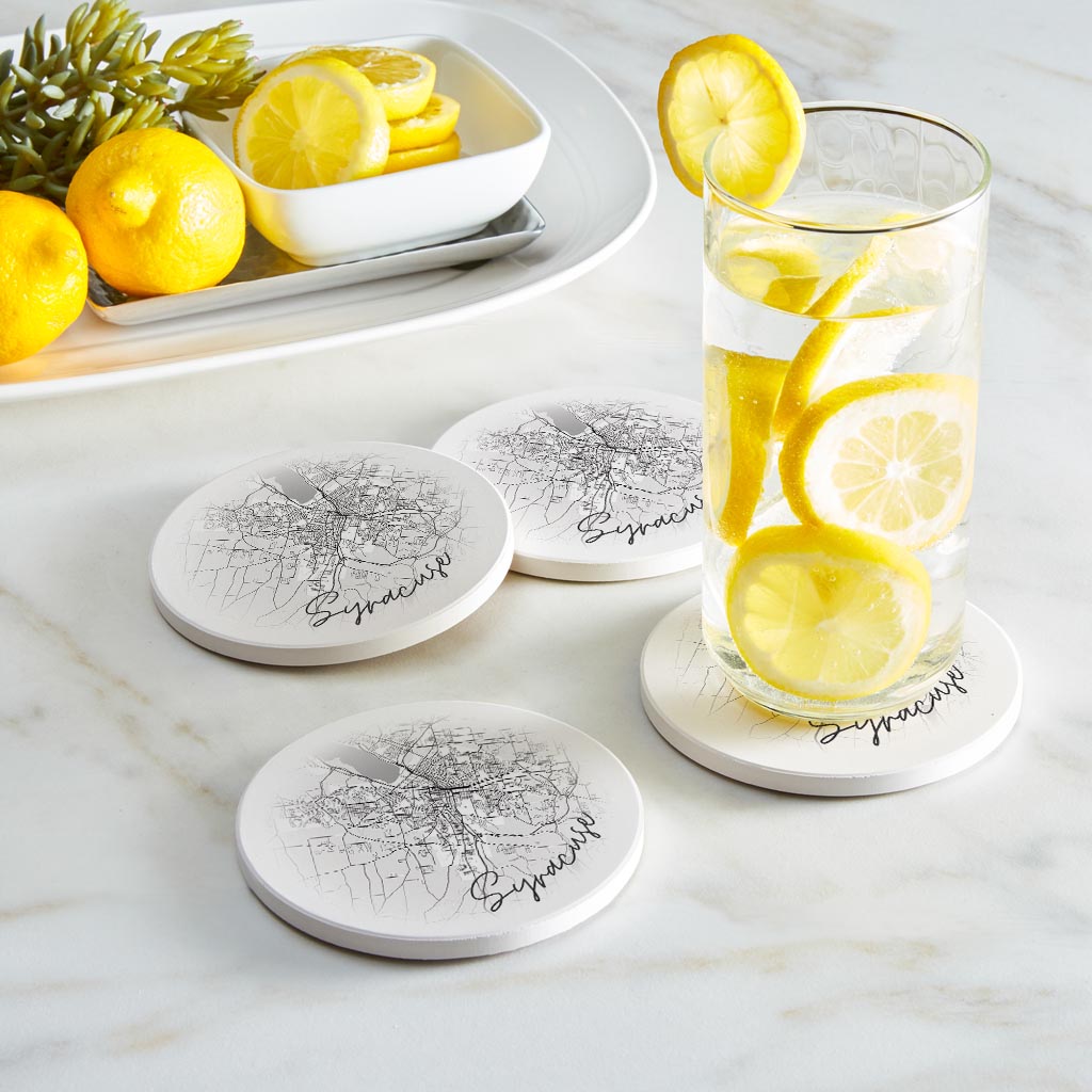 Minimalistic B&W New York Syracuse Faded Circle Map | Absorbent Coasters | Set of 4 | Min 2