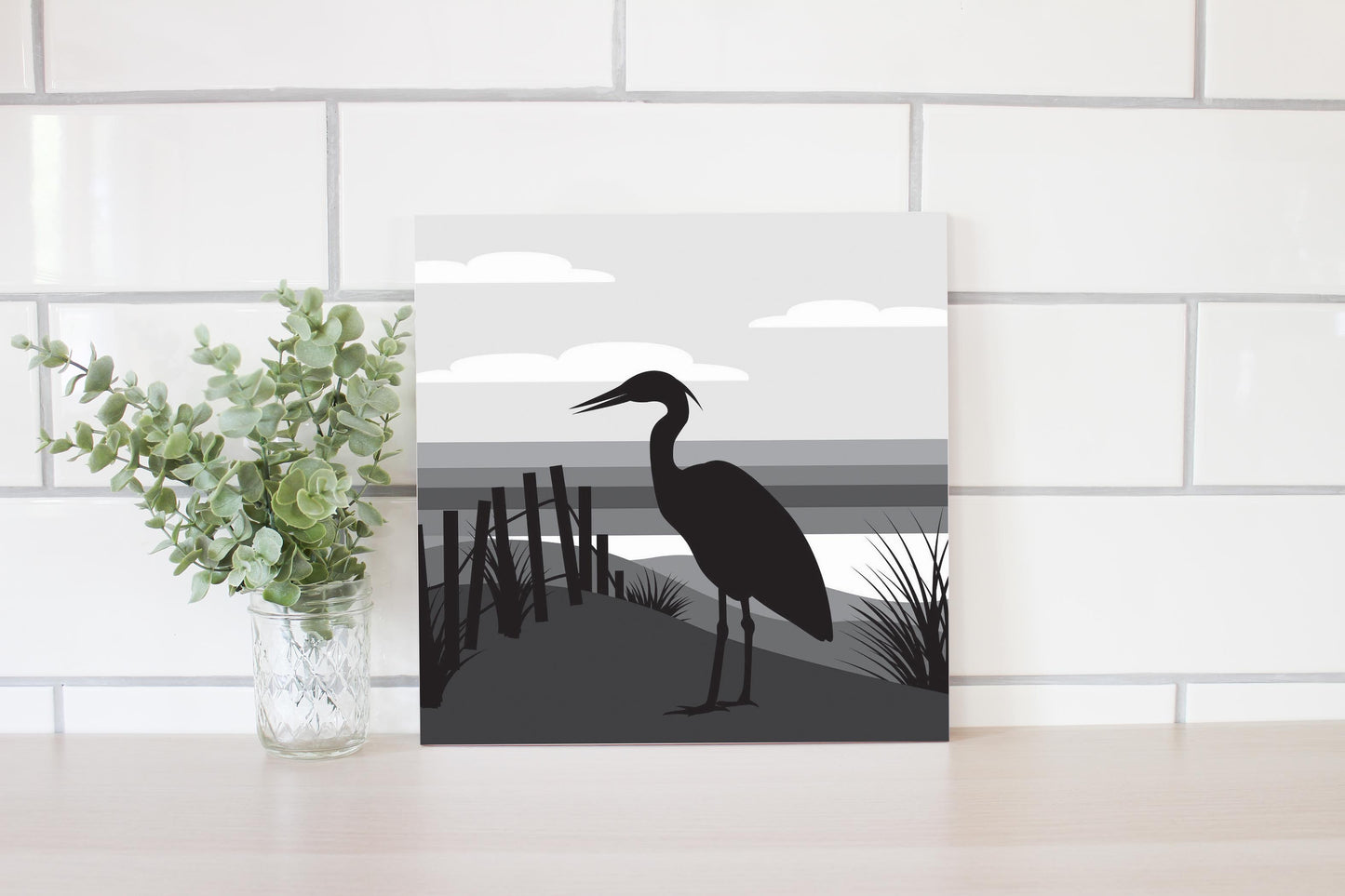 Minimalistic B&W Cape Cod Heron Illustration | Wood Sign | Eaches | Min 2