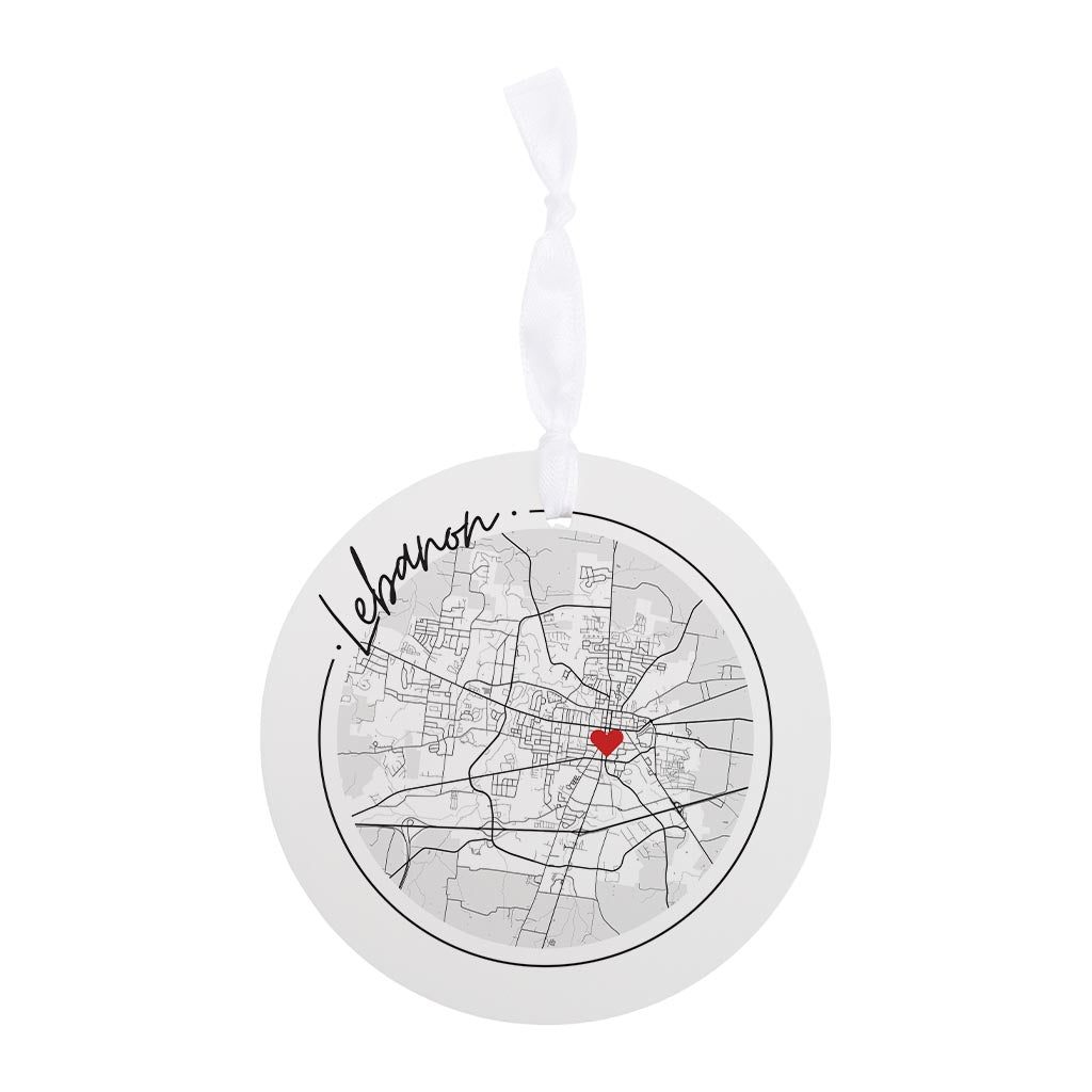 Minimalist B&W Tennessee Lebanon Circle Map Heart | Wood Ornament | Eaches | Min 6