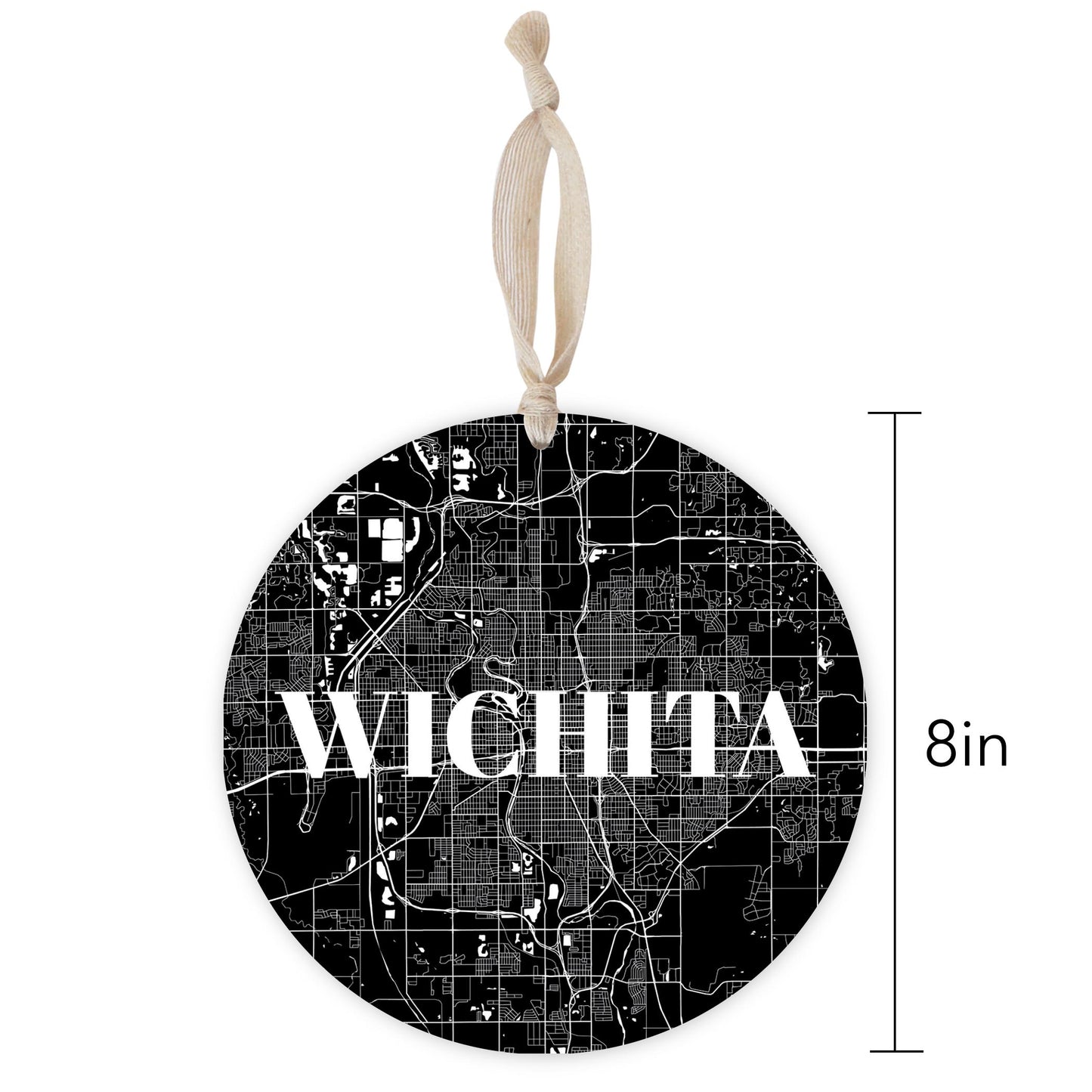 Minimalist B&W Kansas Wichita Map | Wood Ornament | Eaches | Min 1