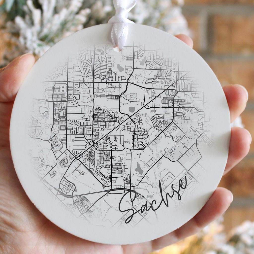 Minimalistic B&W Texas Sachse Circle Map | Wood Ornament | Eaches | Min 6