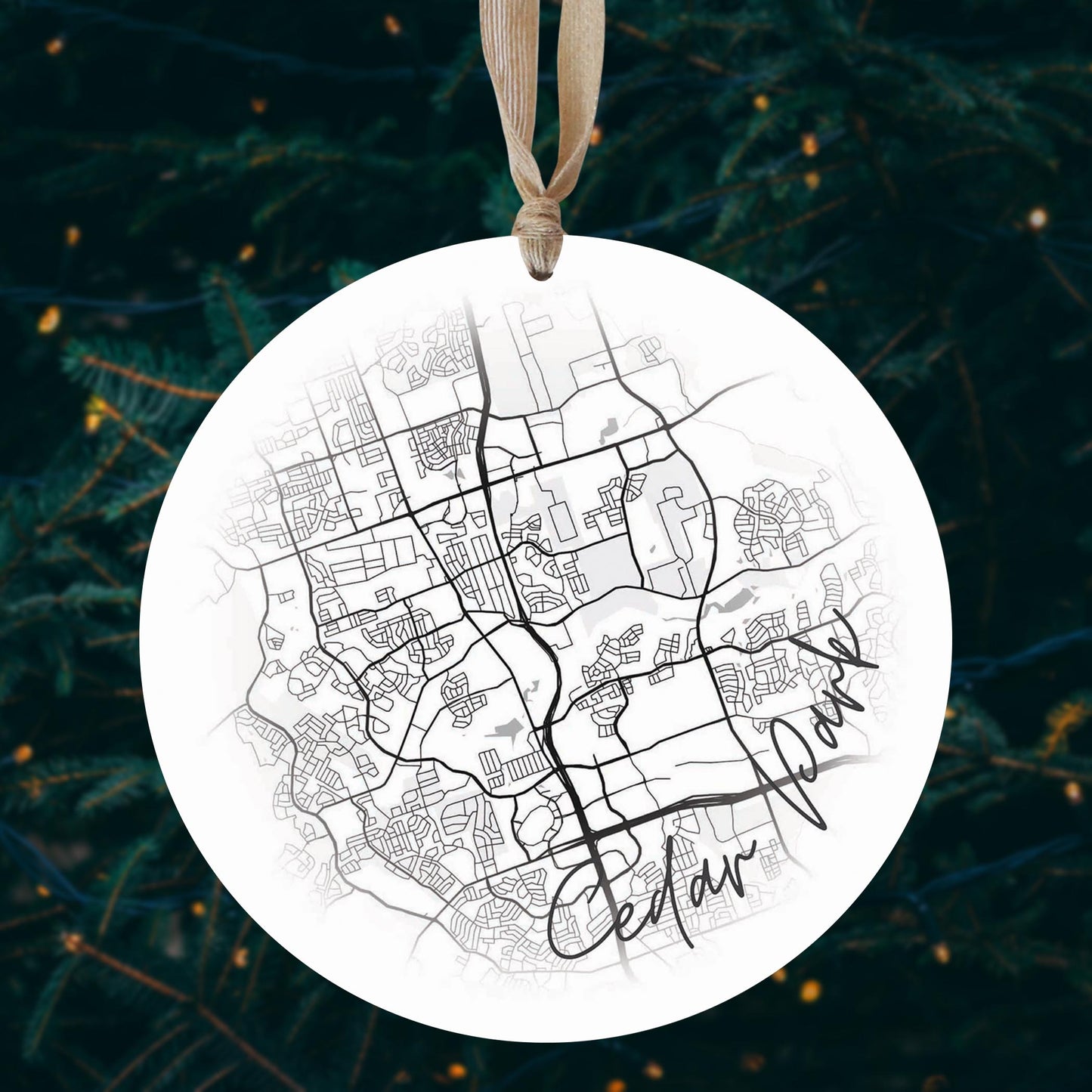 Minimalistic B&W Texas Cedar Park Circle Map | Wood Ornament | Eaches | Min 1