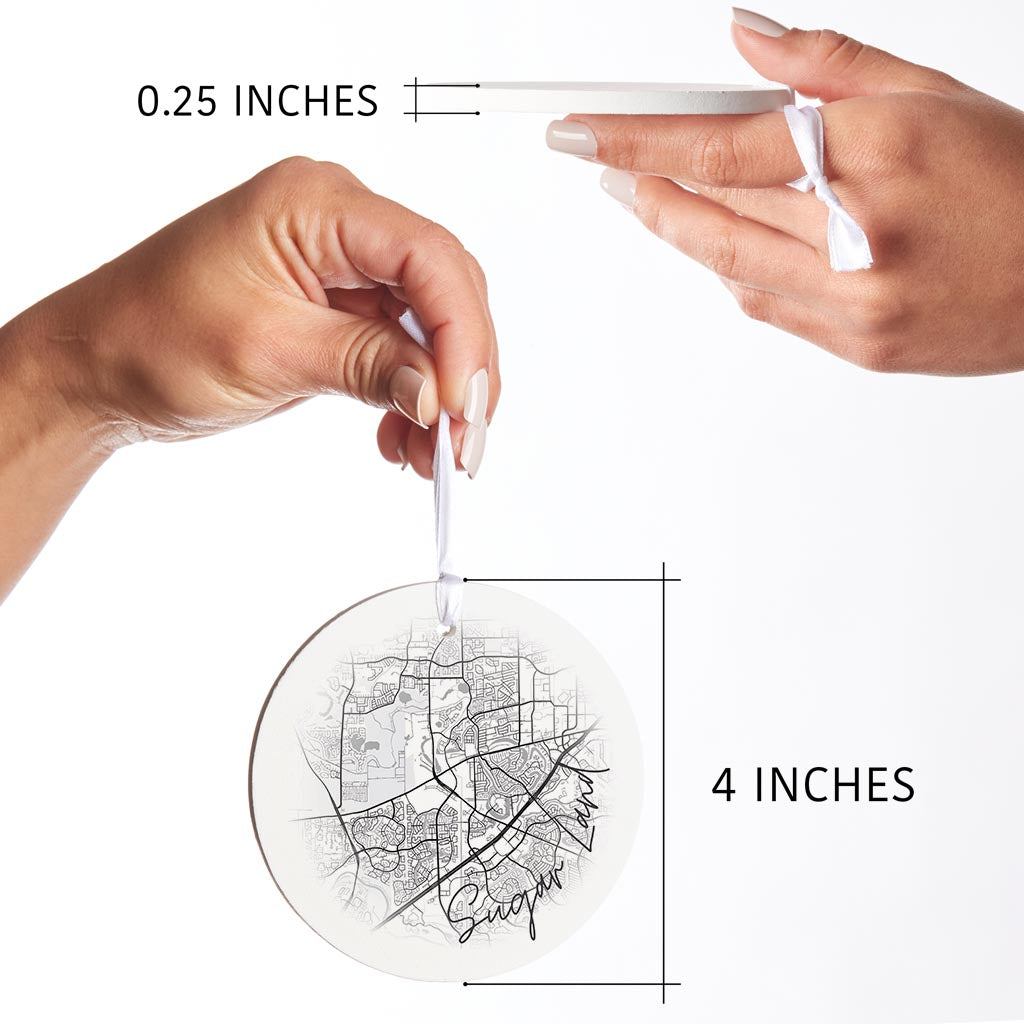 Minimalistic B&W Texas Sugarland Circle Map | Wood Ornament | Eaches | Min 6