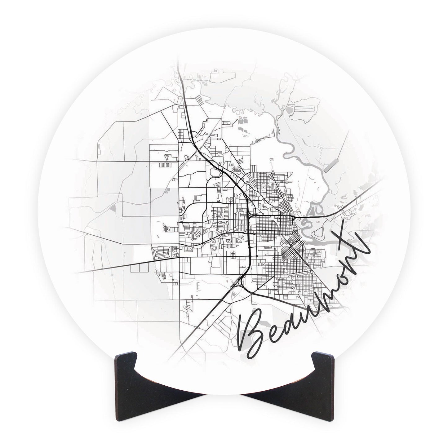 Minimalistic B&W Texas Beaumont Circle Map | Wood Sign | Eaches | Min 1