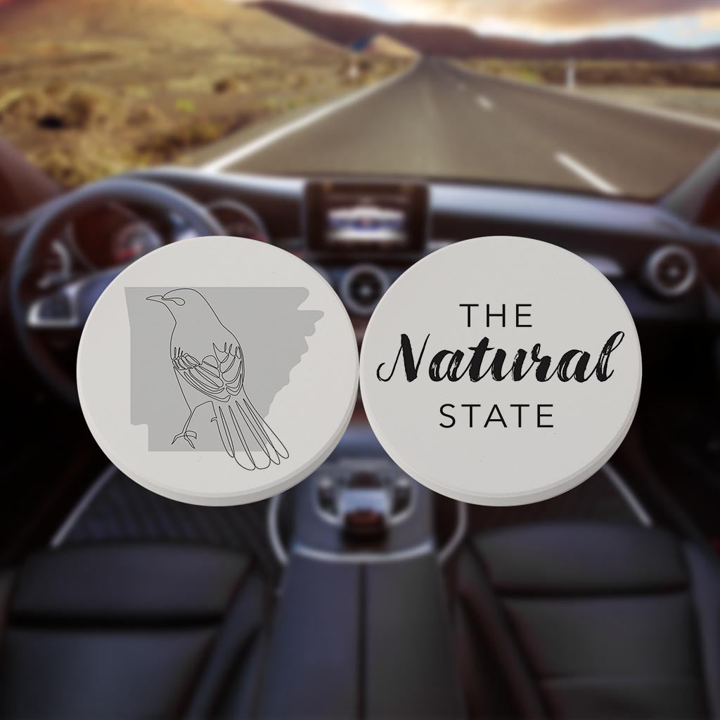B&W Minimalist Arkansas Bird The Natural State | Absorbent Car Coasters | Set of 2 | Min 4