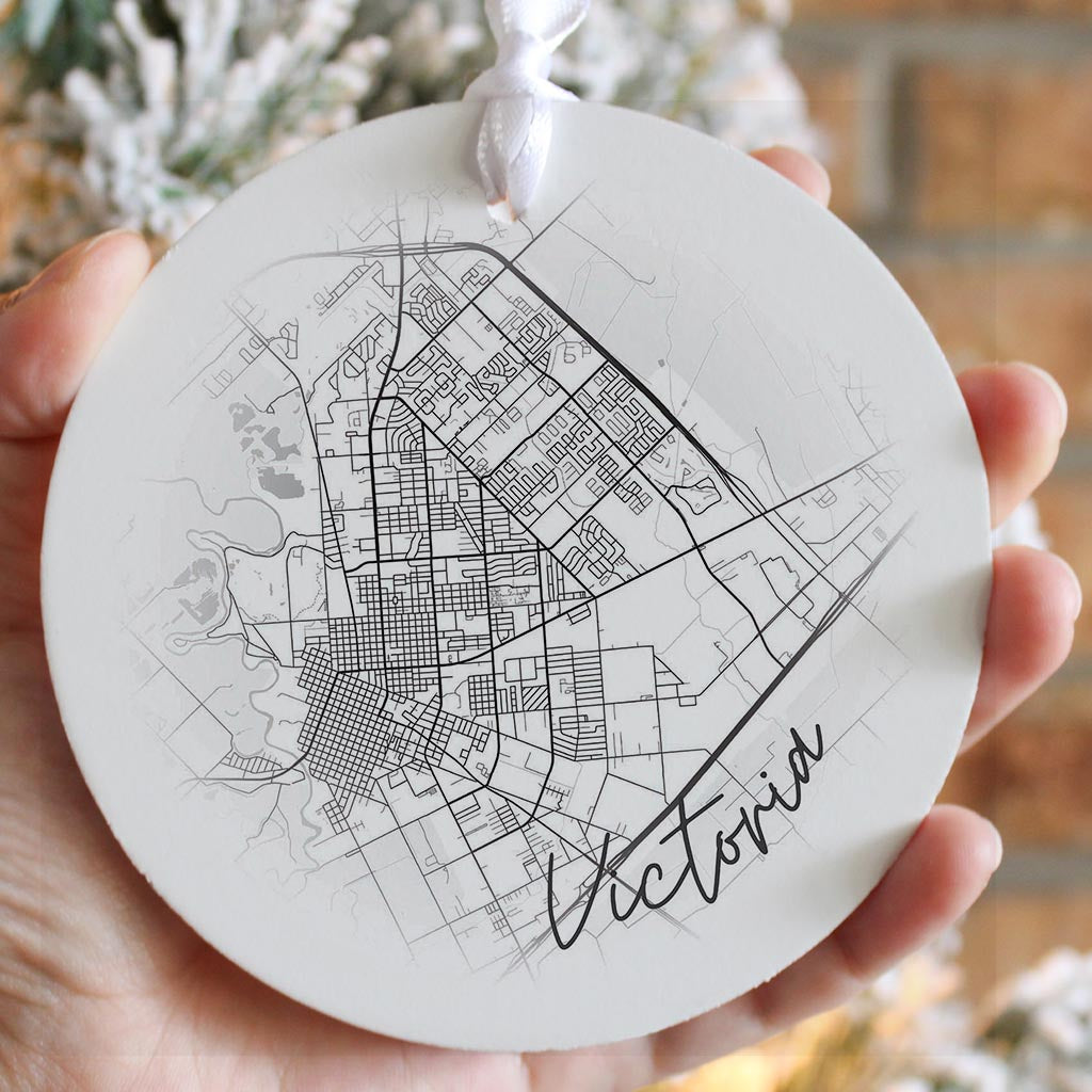 Minimalistic B&W Texas Victoria Circle Map | Wood Ornament | Eaches | Min 6