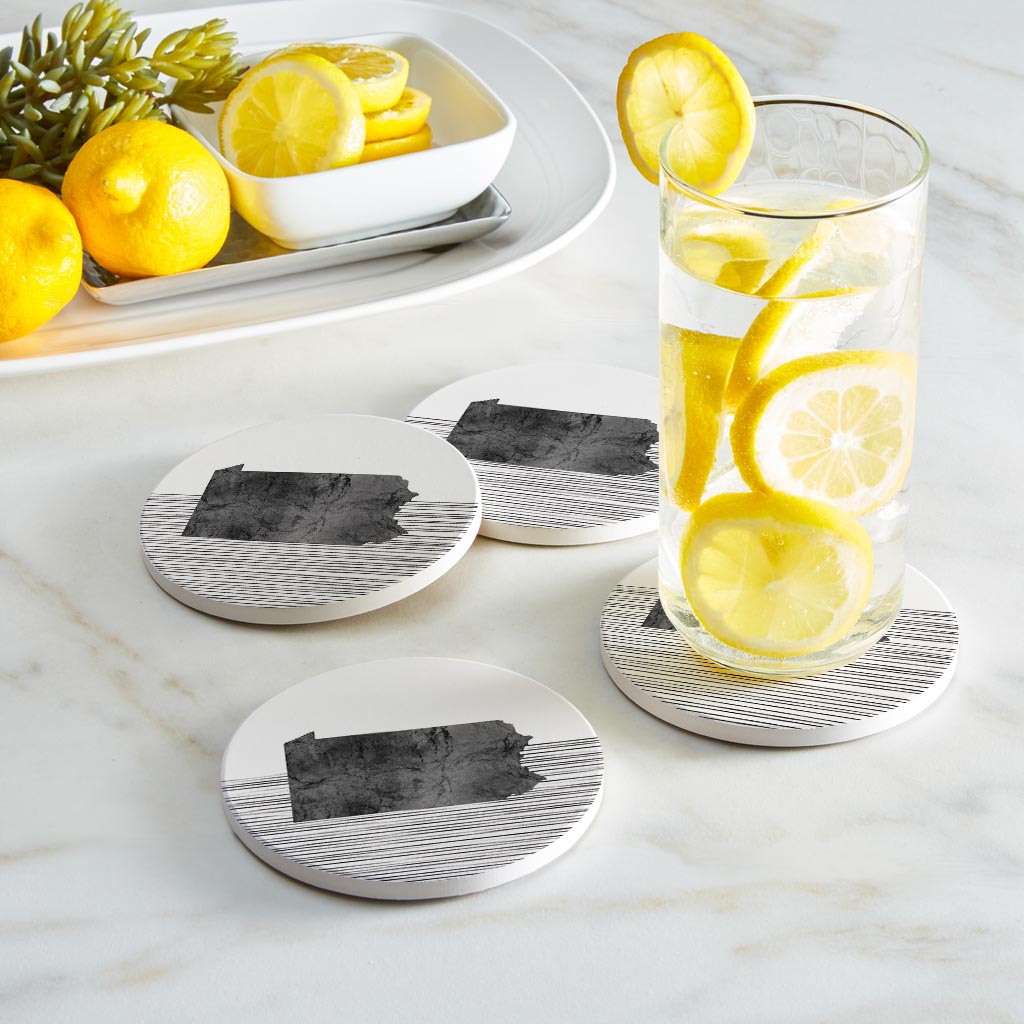 Minimalistic B&W Pennsylvania Shape Straight Lines | Absorbent Coasters | Set of 4 | Min 2